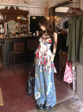 2025年春秋季蓝色美式复古牛仔裤显瘦百搭直筒阔腿裤宽松碎花