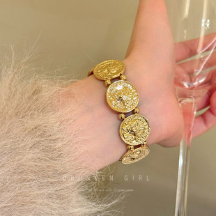 古早胶片 古着vintage金色浮雕人像手镯女重工设计感秋冬手链配饰