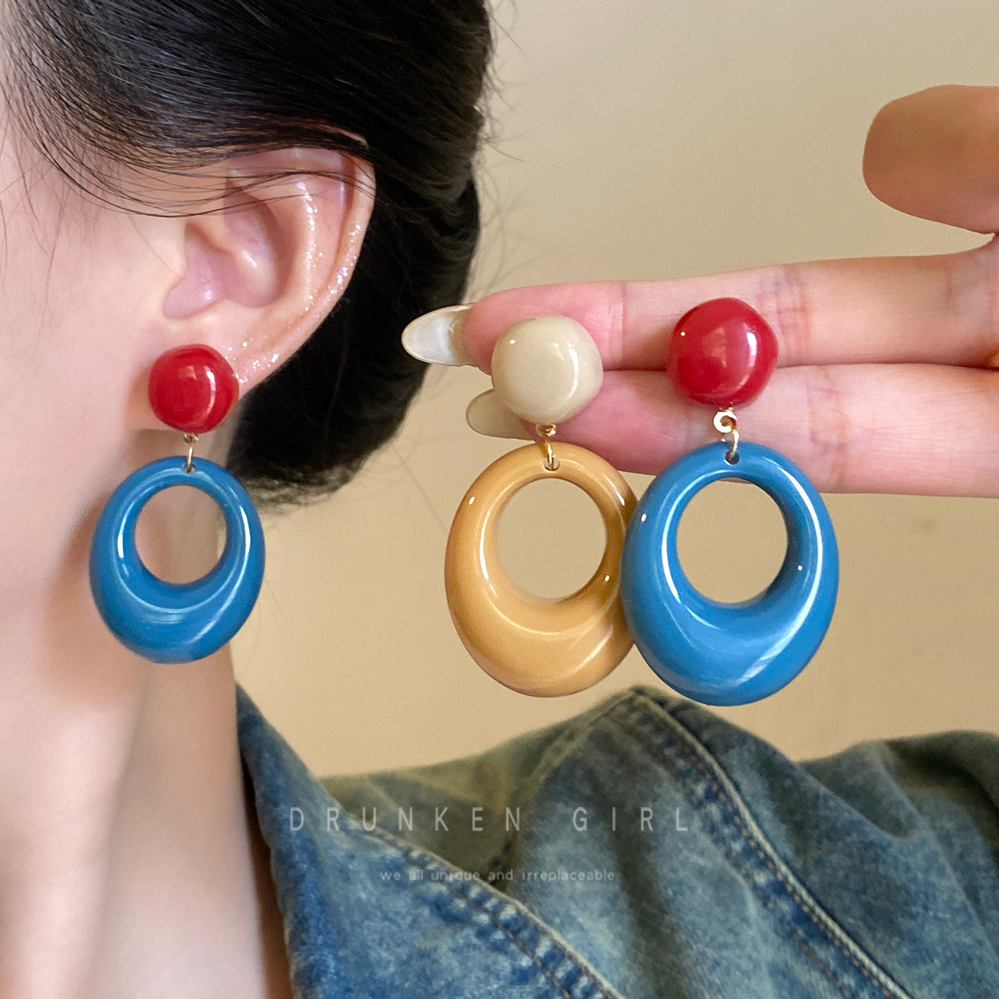 复古港风撞色圆圈耳环女