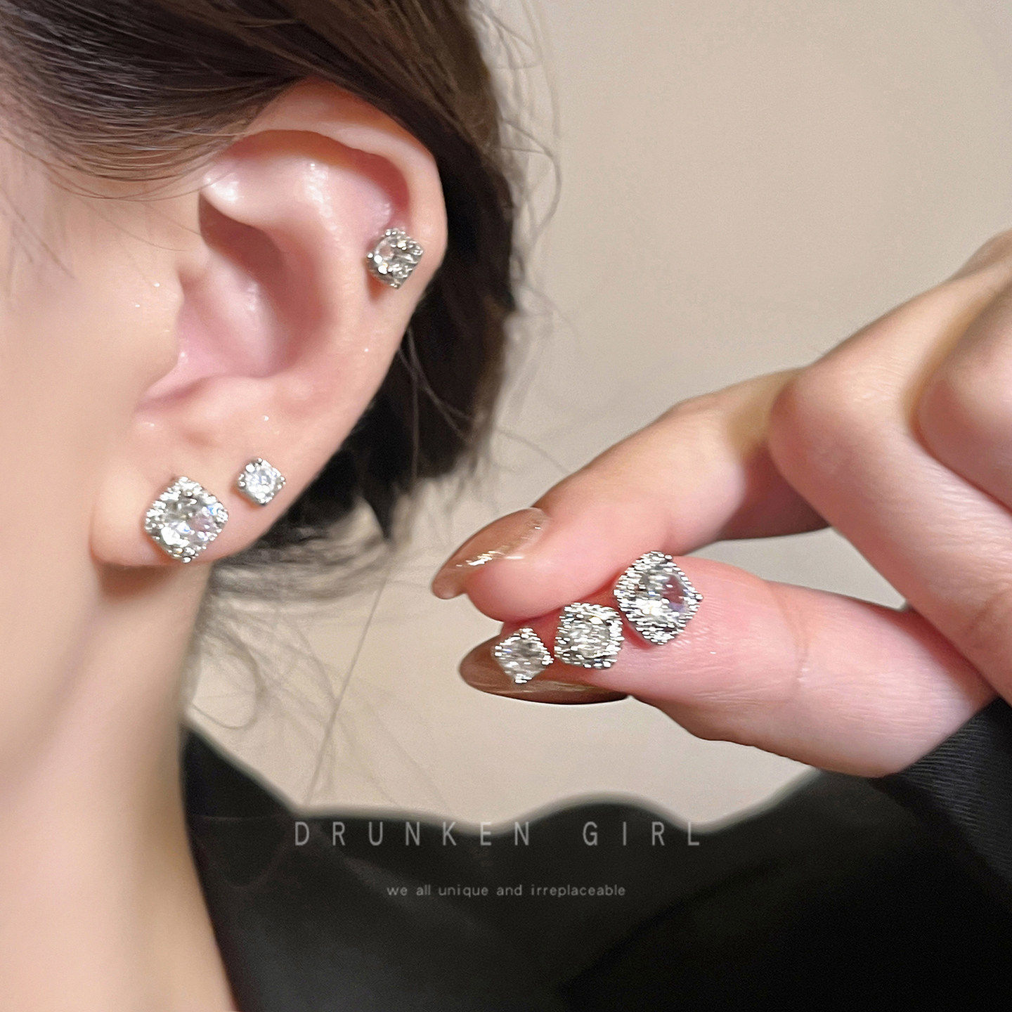 爆闪方形锆石耳钉女养耳洞免摘精致小巧耳环925纯银针耳骨钉耳饰