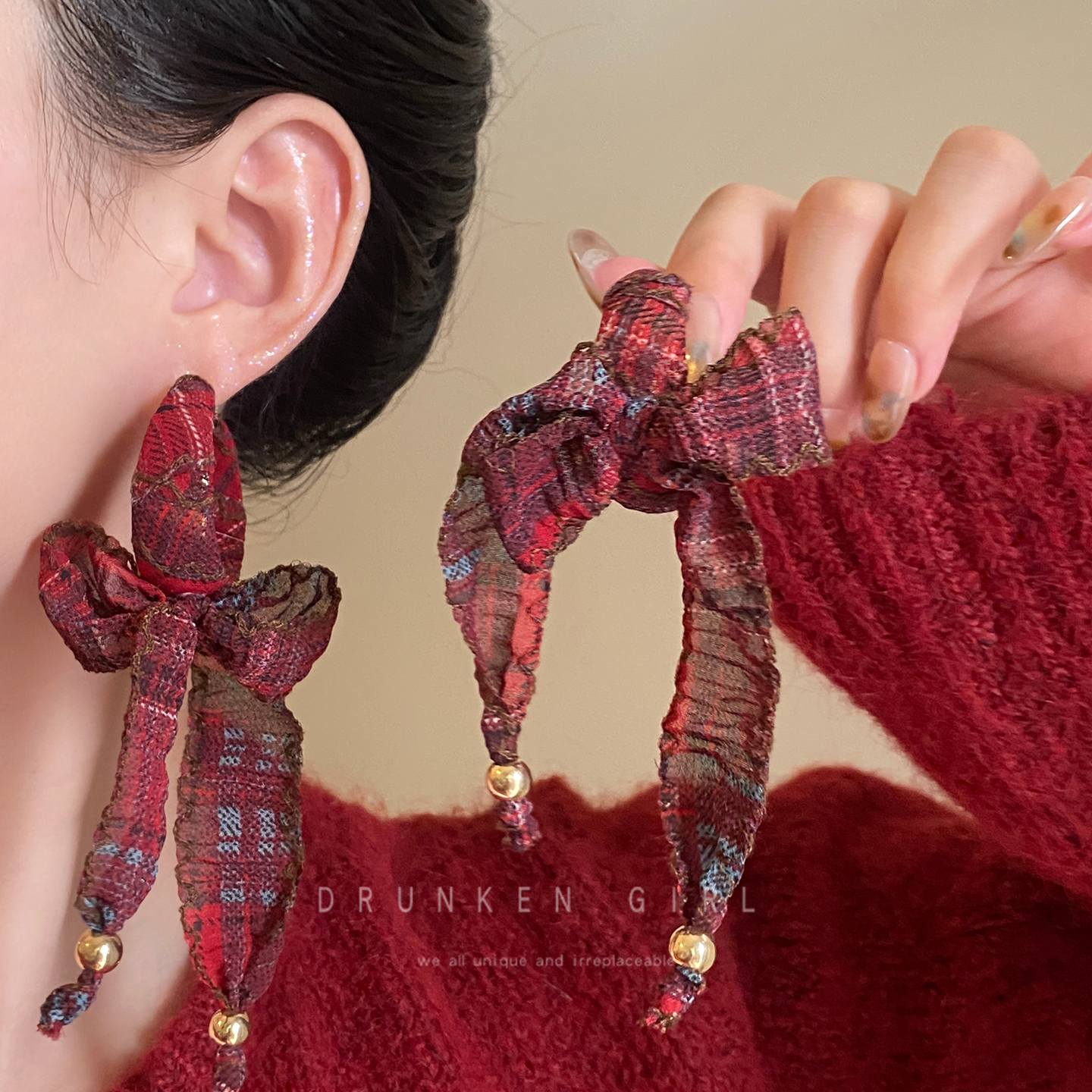 红色格子蝴蝶结飘带耳环女