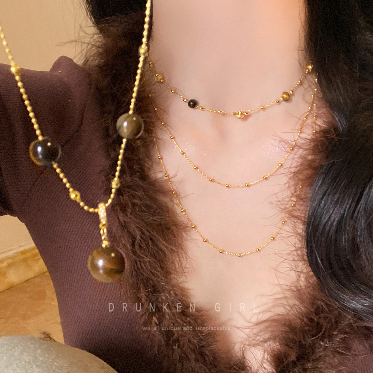 虎眼石拉丝吊坠项链女秋冬