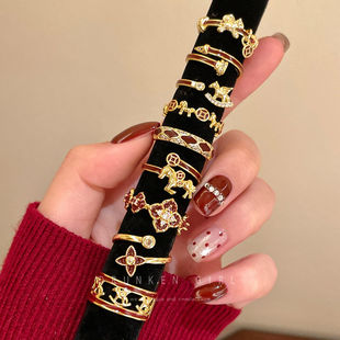 招米小马 红色金边滴釉小马戒指女新年本命年食指戒开口叠戴指环