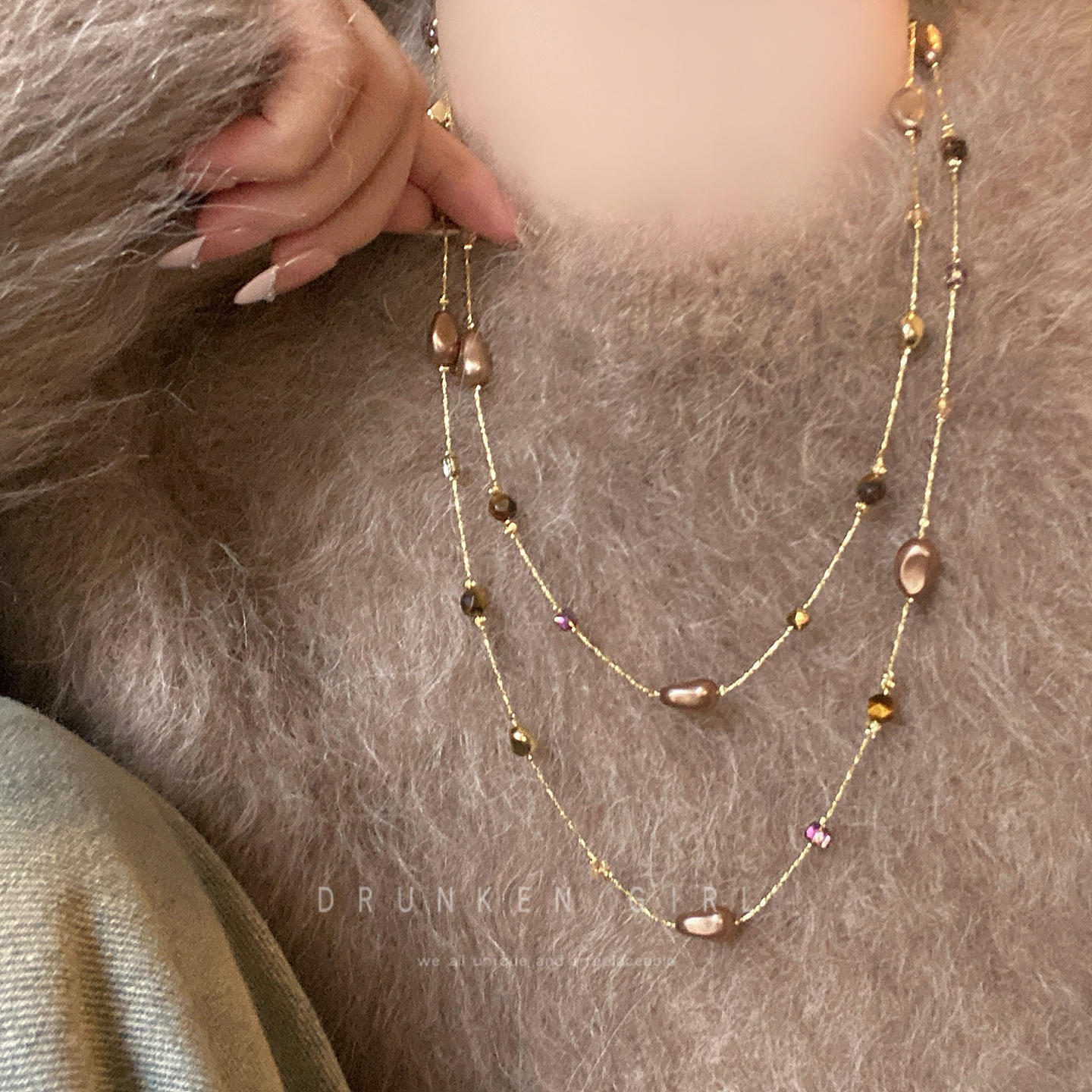 不规则珍珠虎眼石项链女秋冬