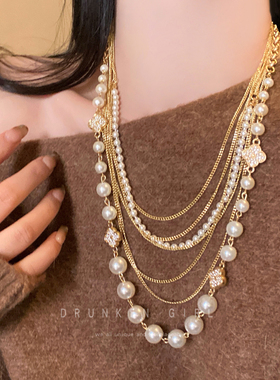 多层四叶草珍珠毛衣链女冬