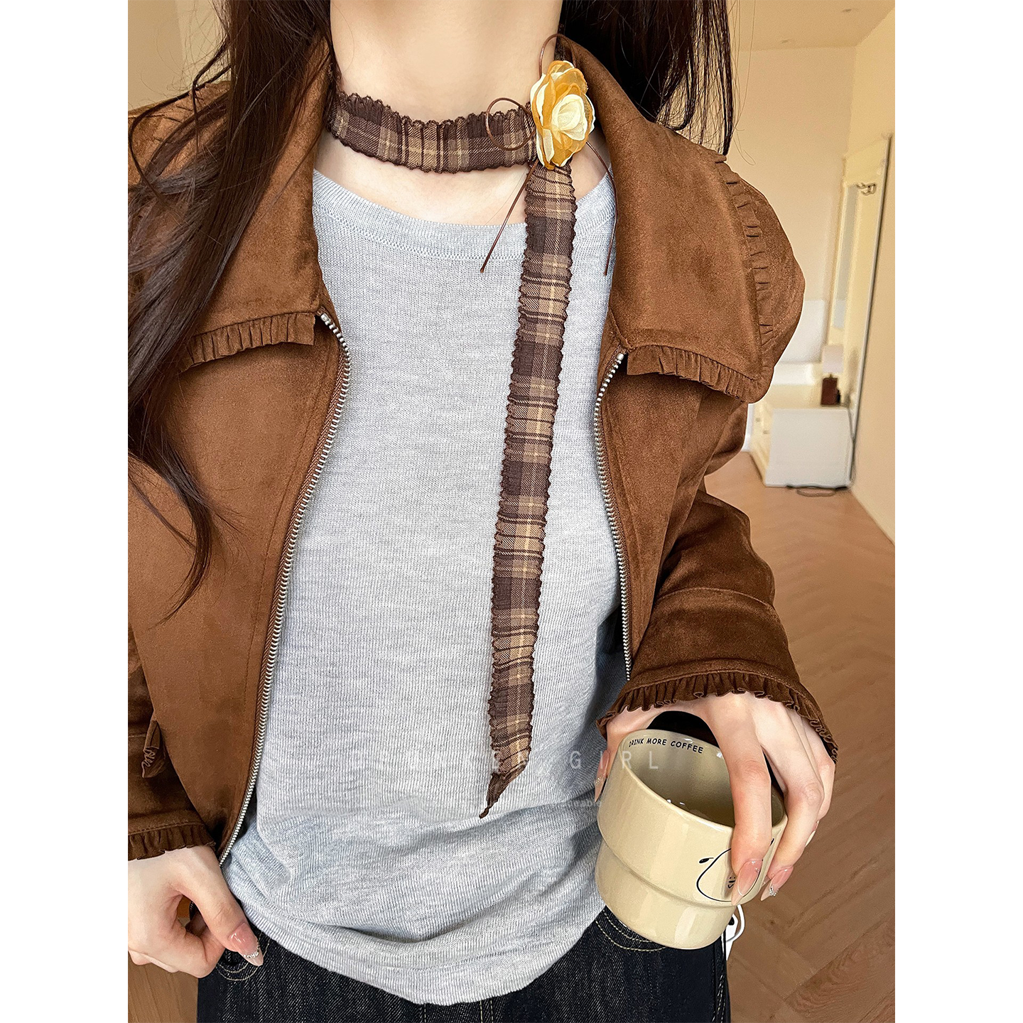 花朵格子系脖领巾项链女