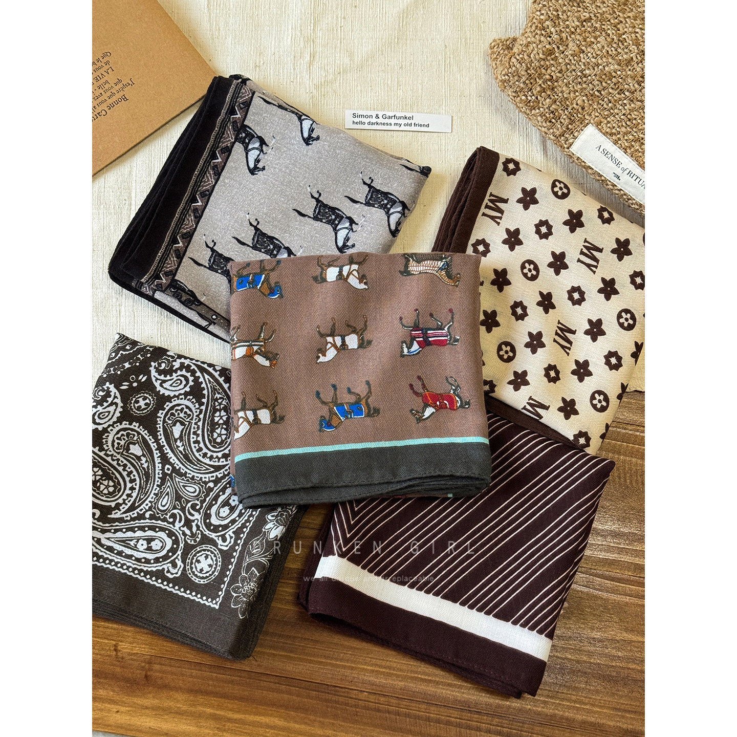 韩系小马线条小方巾项链女款秋冬复古美拉德腰果丝巾领巾发带配饰