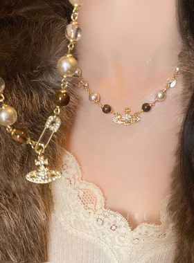 虎眼石西太后土星珍珠项链女