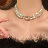 双层珍珠土星项链女秋轻奢叠戴choker颈链礼服配饰多层小众毛衣链
