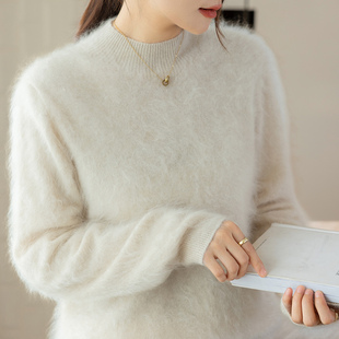 2025秋冬新款半高领拉绒纯羊绒衫女时尚百搭宽松慵懒针织打底毛衣