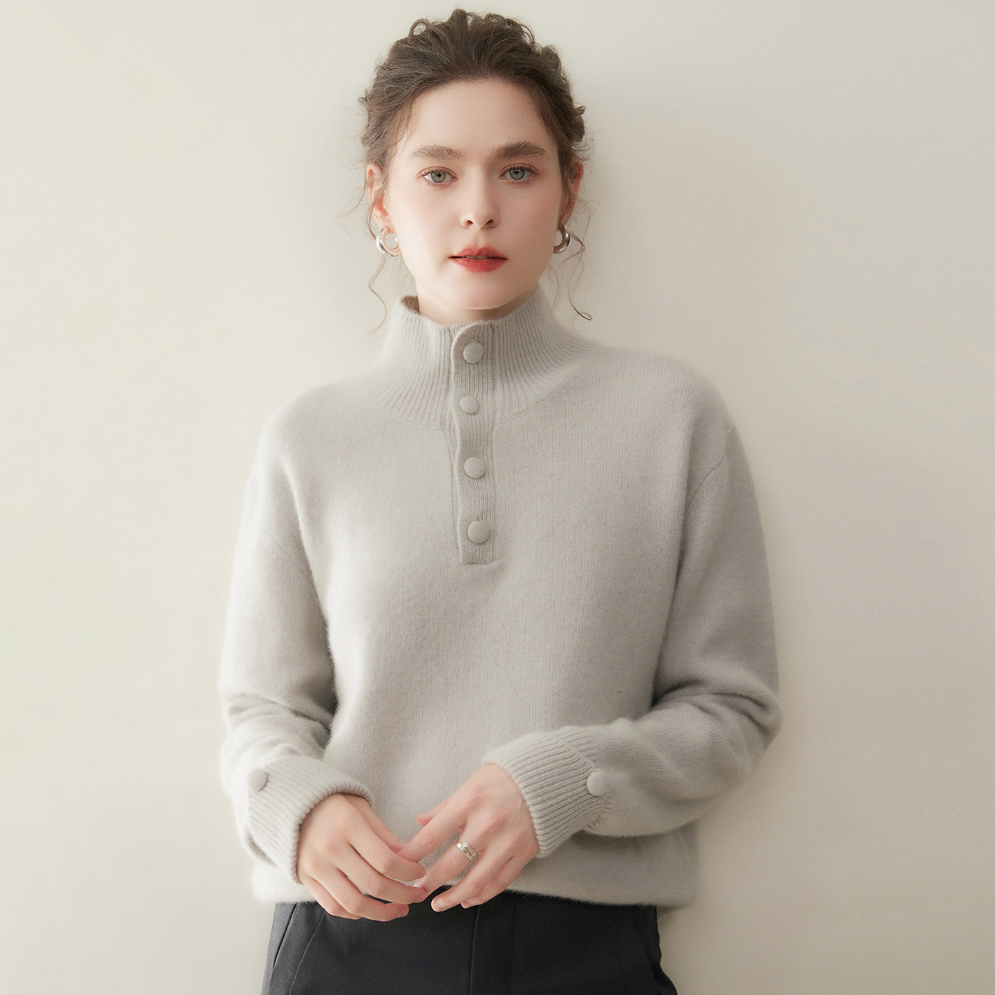 半开领山羊绒衫女纯色保暖