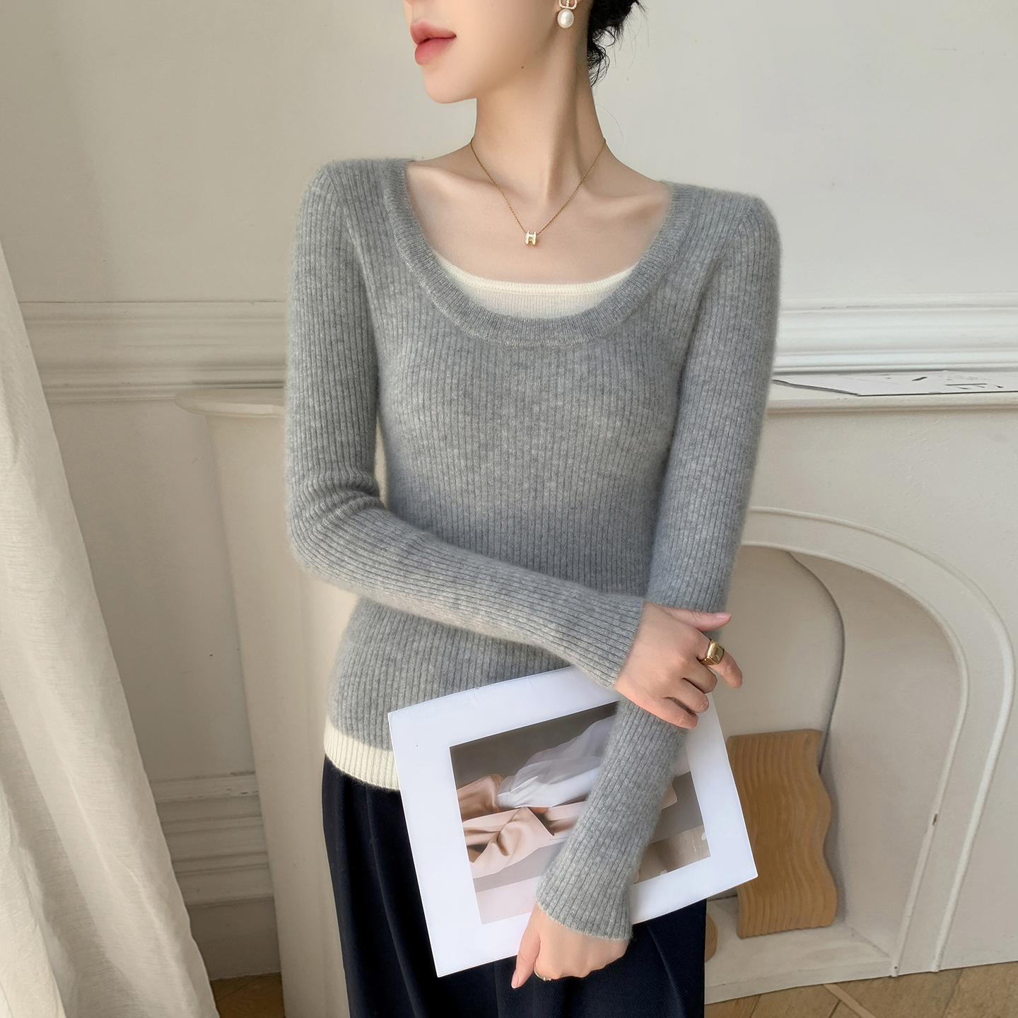 韩版气质撞色U领山羊绒衫