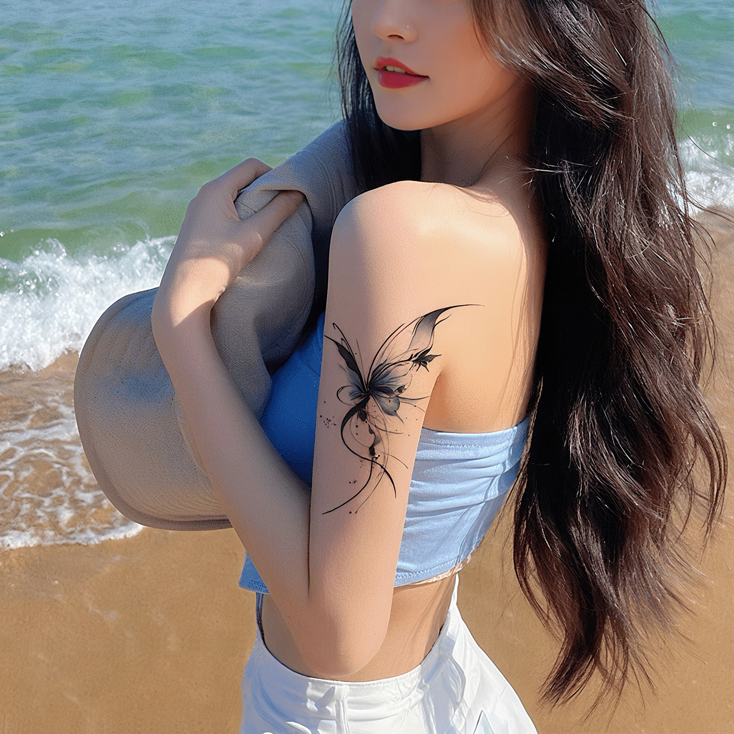 爆款蓝夜蝴蝶彩色纹身贴ins风防水防汗持久纯欲辣妹手臂锁骨贴女