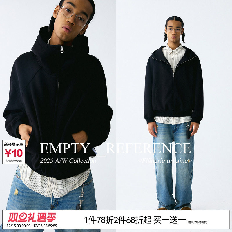EMPTY REFERENCE黑色结构分割廓形宽松重磅拉链开衫外套连帽卫衣