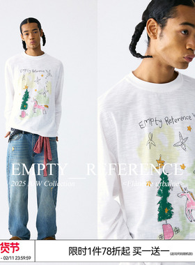 EMPTY REFERENCE纯棉竹节棉手绘小马与圣诞树印花长袖T恤打底衫