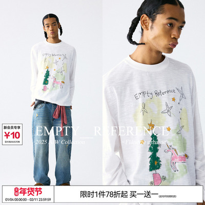 EMPTY REFERENCE纯棉竹节棉手绘小马与圣诞树印花长袖T恤打底衫