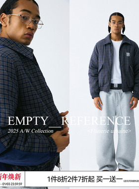 EMPTY REFERENCE 蓝色格纹灯芯绒拼接复古短款夹克棉服宽松厚外套