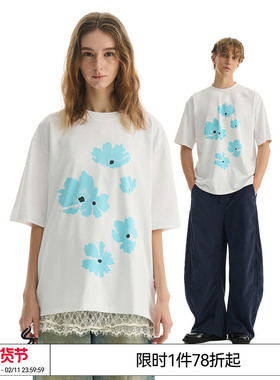 EMPTY REFERENCE美式复古原创手绘蓝色花朵印花上衣圆领短袖T恤