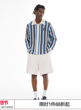 EMPTY REFERENCE美式复古原创蓝色条纹镂空编制休闲衬衣长袖衬衫