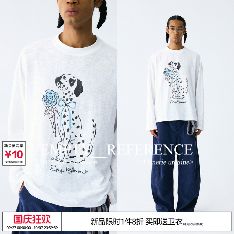 EMPTY REFERENCE玫瑰与斑点狗竹节棉手绘印花打底上衣纯棉长袖T恤