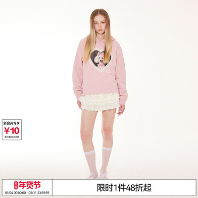 特惠6折起 EMPTY REFERENCE=原创蕾丝爱心小狗印花长袖连帽卫衣