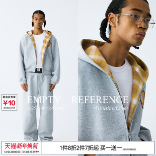 连帽卫衣 拉链开衫 EMPTY REFERENCE麻灰格纹拼接刺绣宽松重磅长袖