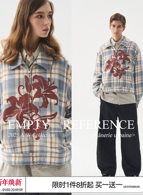 EMPTY REFERENCE 蓝棕格纹毛呢花朵印花宽松拉链翻领格子夹克外套
