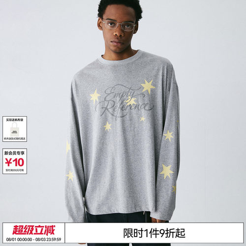 EMPTY REFERENCE麻灰色手绘星夜字母印花上衣雪花棉宽松长袖T恤
