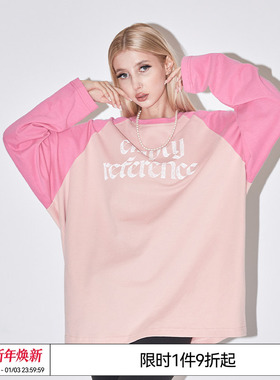 EMPTY REFERENCE美式复古粉色插肩袖拼接长袖T恤打底衫