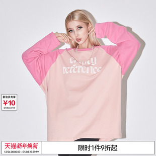 T恤打底衫 EMPTY 拼接长袖 复古粉色插肩袖 REFERENCE美式