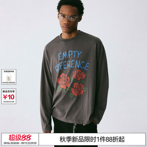 EMPTY REFERENCE碳灰色手绘斑驳玫瑰印花雪花棉上衣宽松长袖T恤