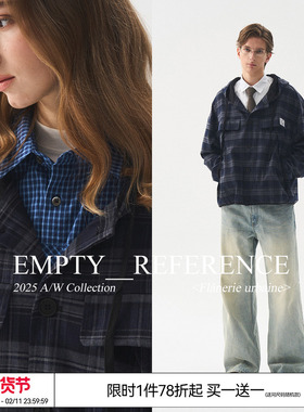 EMPTY REFERENCE 蓝色复古格纹结构抽绳宽松休闲格子夹克连帽外套