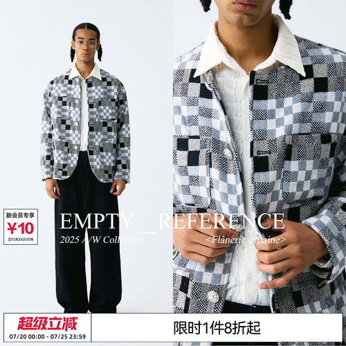 EMPTY REFERENCE正肩复古毛呢格纹无领单排扣休闲格子夹克外套