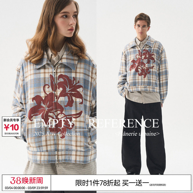 EMPTY REFERENCE 蓝棕格纹毛呢花朵印花宽松拉链翻领格子夹克外套