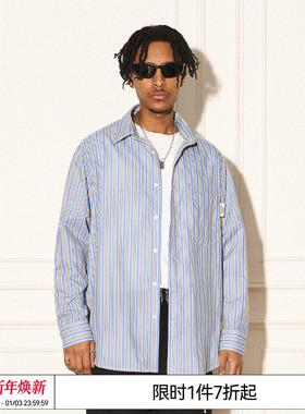 特惠8折 EMPTY REFERENCE 黄蓝结构条纹宽松休闲衬衣长袖衬衫