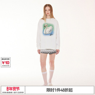 特惠6折起 EMPTY REFERENCE美式宽松手绘冰湖天鹅打底衫长袖T恤