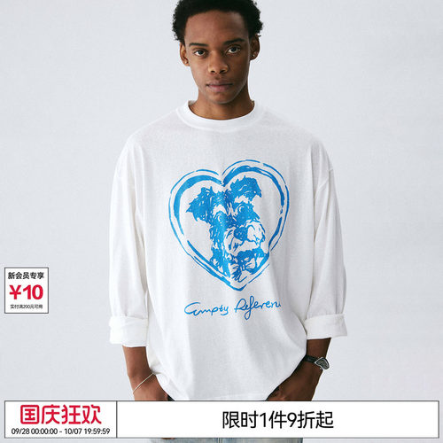 EMPTY REFERENCE白色手绘陪伴小狗印花上衣打底雪花棉宽松长袖T恤