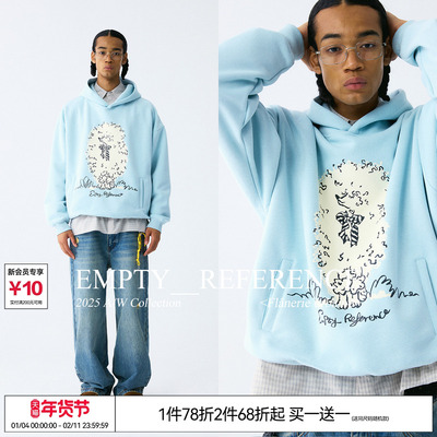 EMPTY REFERENCE蝴蝶结贵宾犬手绘印花蓝色宽松重磅长袖连帽卫衣