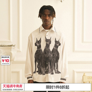 男美潮复古宽松衬衣 衬衫 EMPTY REFERENCE杜宾犬印花条纹立领长袖