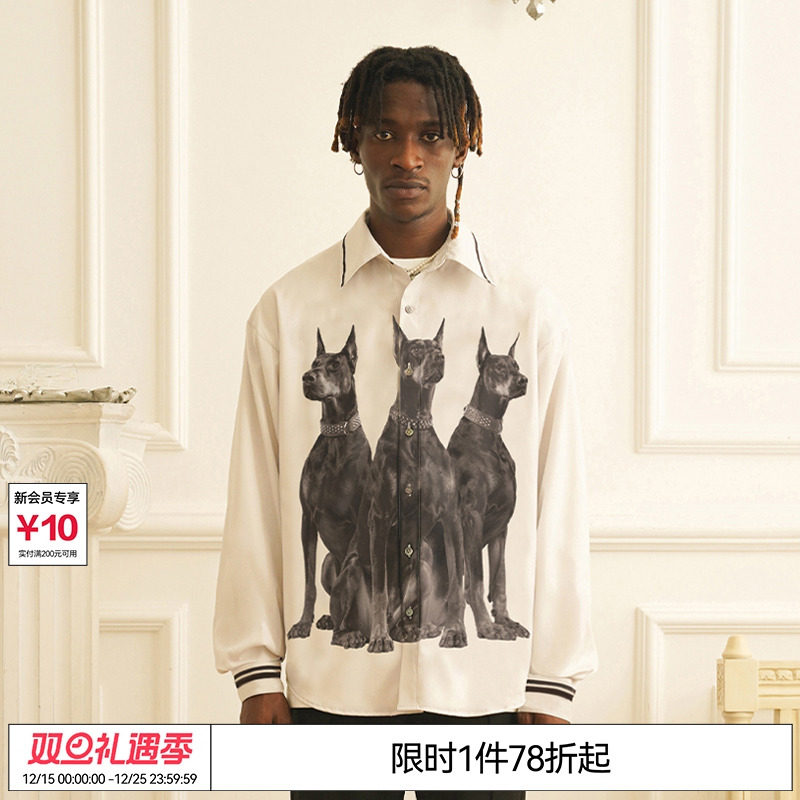 印花条纹立领美潮复古长袖衬衫