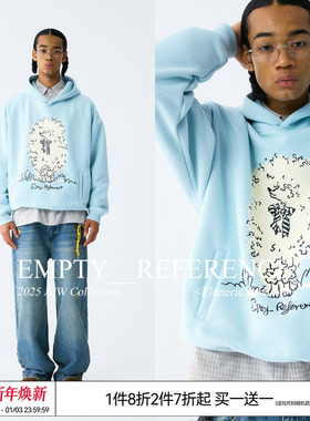 EMPTY REFERENCE蝴蝶结贵宾犬手绘印花蓝色宽松重磅长袖连帽卫衣