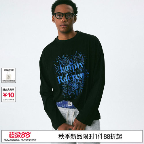EMPTY REFERENCE黑色上衣复古烟火字母印花打底雪花棉宽松长袖T恤