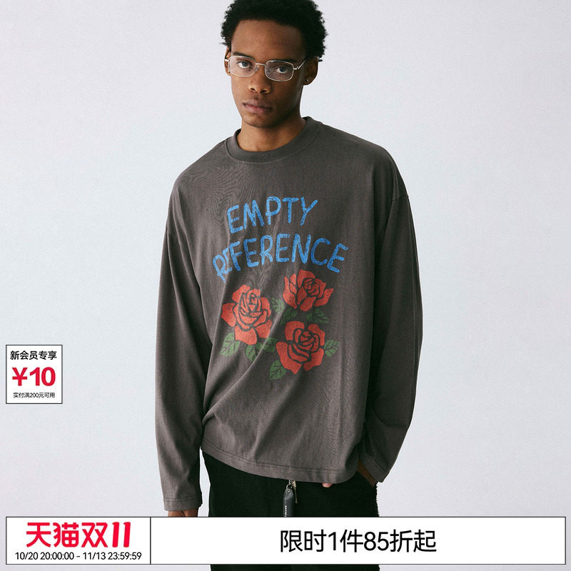 EMPTY REFERENCE碳灰色手绘斑驳玫瑰印花雪花棉上衣宽松长袖T恤