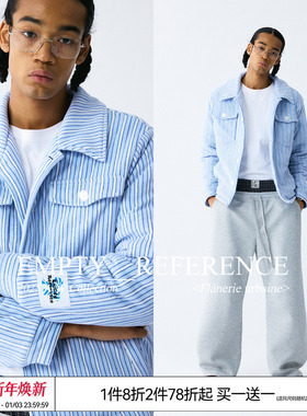 EMPTY REFERENCE蓝白条纹重磅短款菱格纹绗棉休闲摇粒绒夹克外套