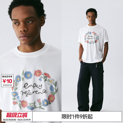 EMPTY REFERENCE 奶油白复古花环印花上衣雪花棉宽松透气短袖T恤