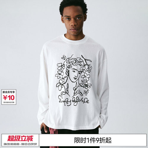 EMPTY REFERENCE白色打底上衣手绘缪斯人像印花雪花棉宽松长袖T恤