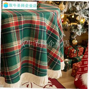 圣诞棉麻桌布装饰氛围圆餐茶几面盖布北欧喜Q庆高级感格子流苏台.