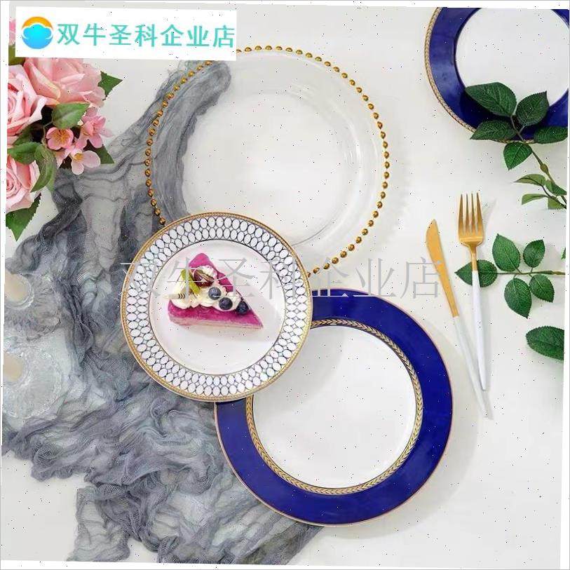欧式宴会西d餐盘金色珠点玻璃盘高级感牛排盘家用餐具套装好看摆.