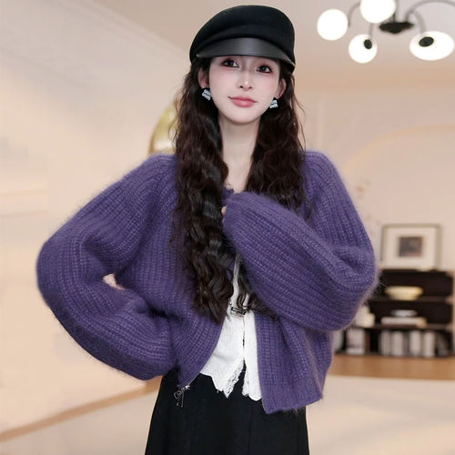 早春韩系穿搭巨好看紫色拉链毛衣外套女2026新款春秋针织开衫上衣