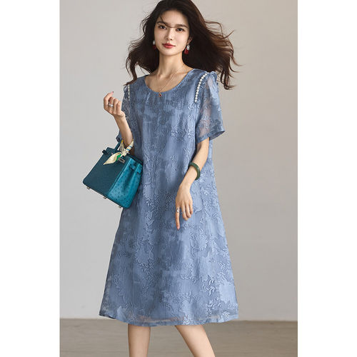 素木时尚提花钉珠连衣裙女2025年夏季新款气质中长裙欧货大码女装